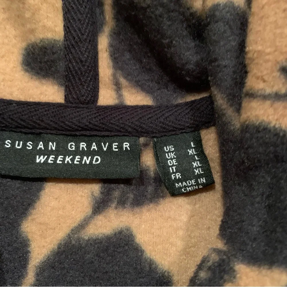 Susan Graver weekend printed fleece jacket tan black floral hooded L - Picture 2 of 4